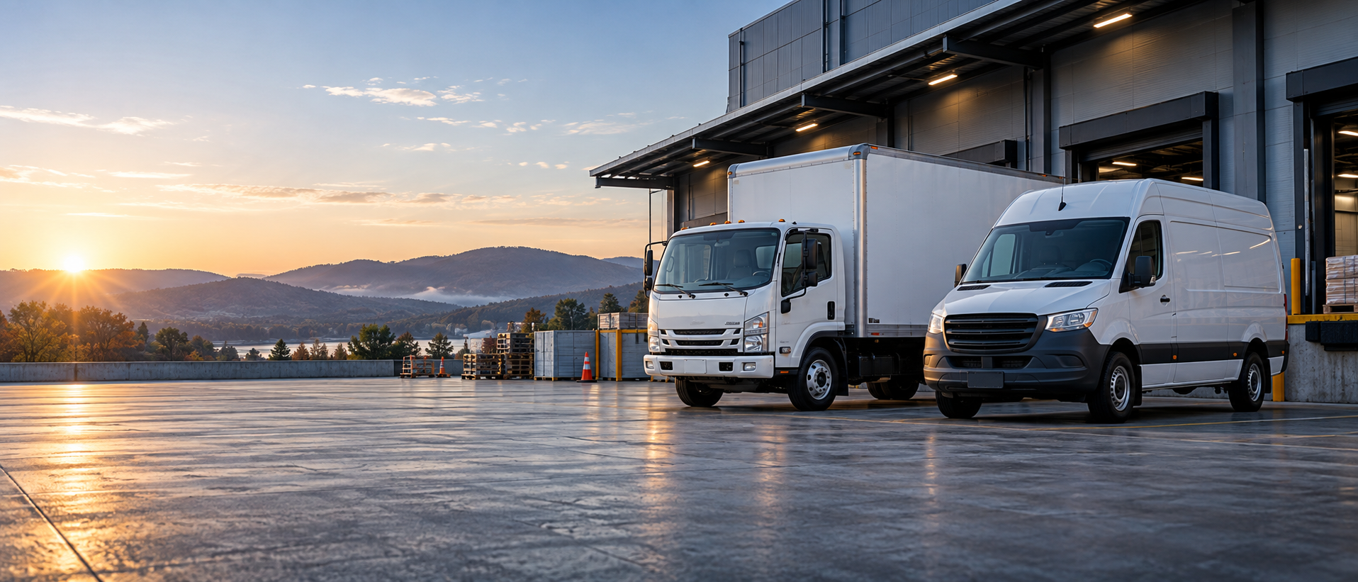 Box truck and cargo van at a warehouse loading dock
