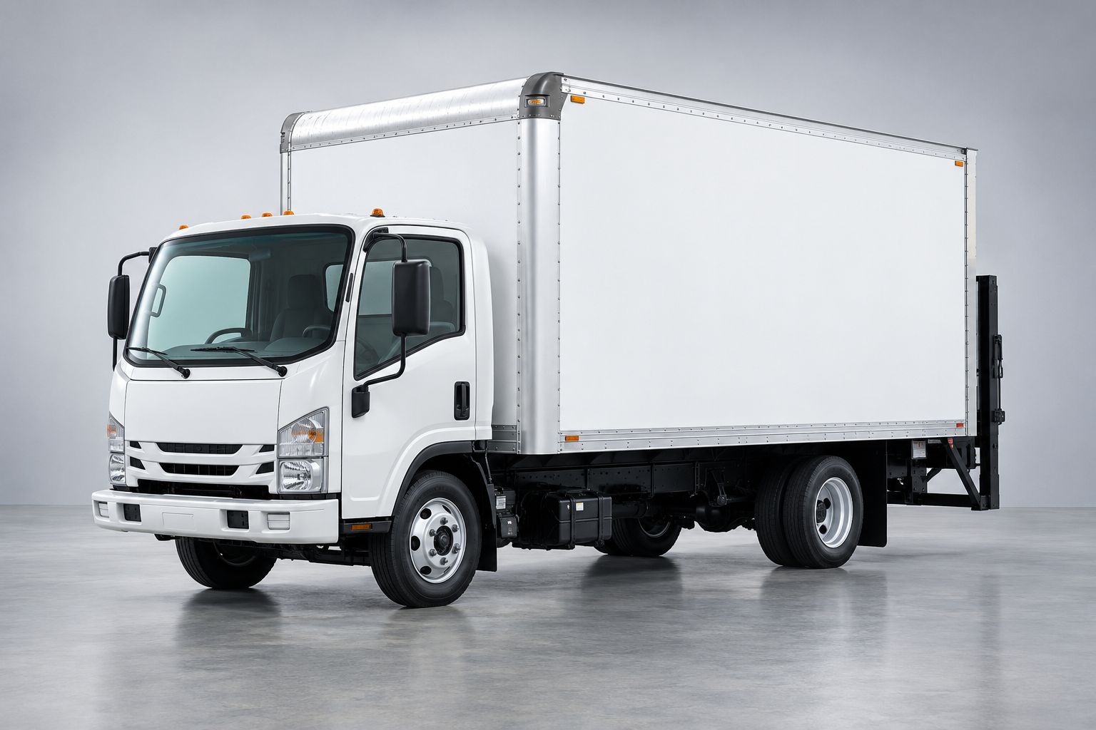 White 16-foot box truck with liftgate